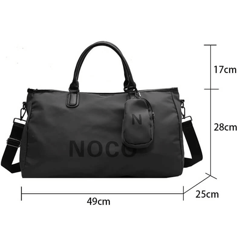 Waterproof large shoulder sports bag, unisex design, made from quality nylon, shown with dimensions: 49cm x 25cm x 28cm.